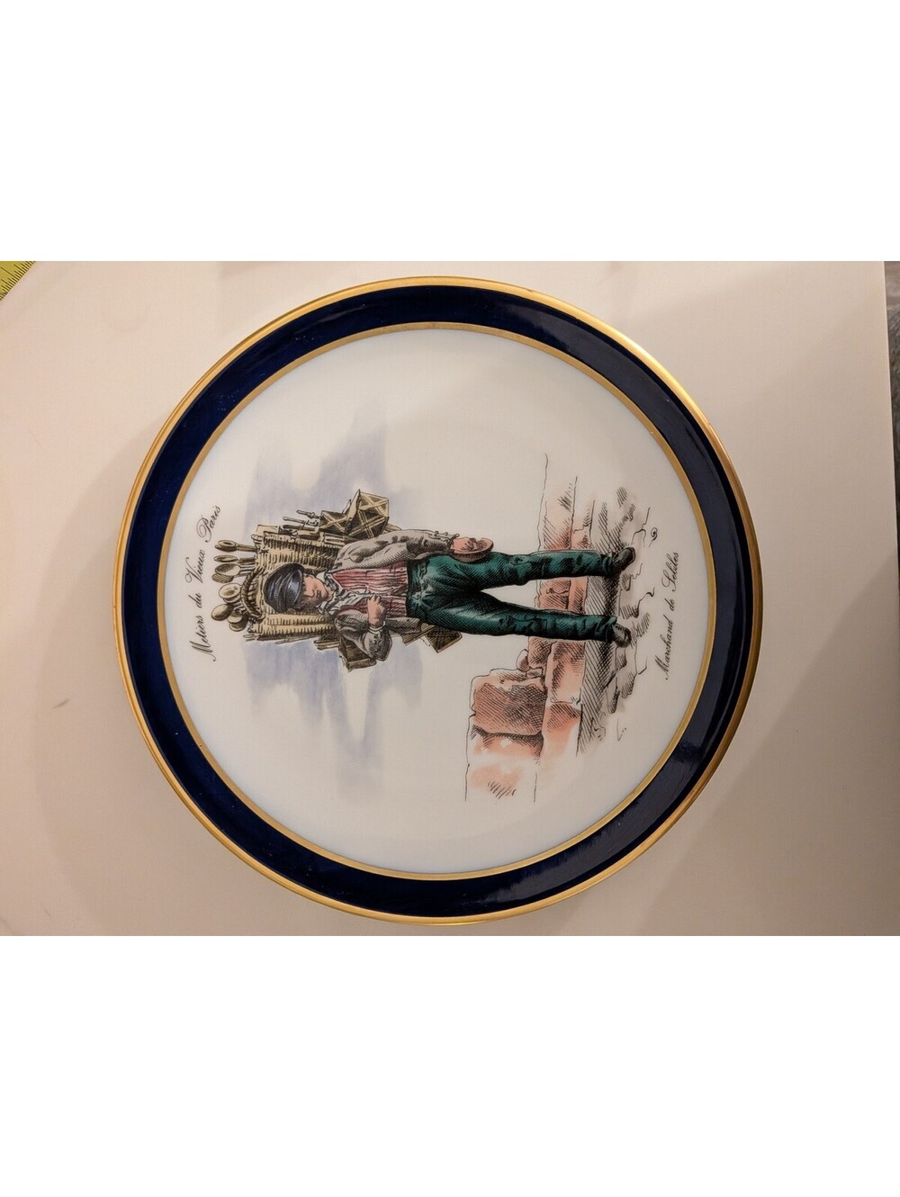 Vintage Bavaria Germany Porcelain Plate Marchand de Sabots Cobalt Blue&Gold Trim